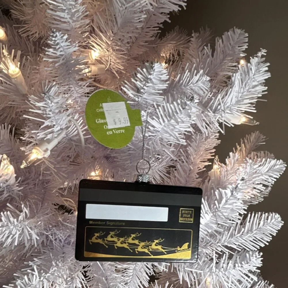 North Pole Express Glass Christmas Ornament Credit Card Black Gold Hanging
